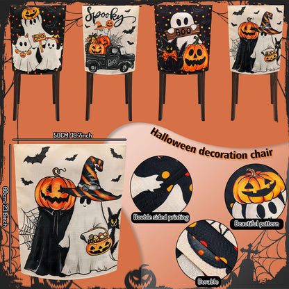 JarThenaAMCS 4Pcs Halloween Chair Back Cover Spooky Boo Ghost Bat Pumpkin Face Seat Covers Dining Chair Slipcover Protector for Trick or Treat Home Kitchen Decor