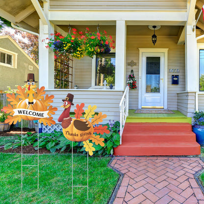 Sosation 4 Pack Thanksgiving Outdoor Decorations, Metal Turkey Yard Stakes with Pumpkin and Welcome Signs, Fall Harvest Thanksgiving Yard Decorations for Lawn, Garden, Porch, Pathway, Patio