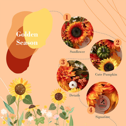 Sunflower Wreaths for Front Door Outside All Season, 24 Inch Artificial Dahlia and Sunflower Door Wreath with Greenery, Pumpkins and Maple Leaves for Home Porch Decor