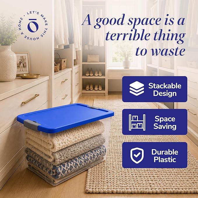 HOMZ Clear Plastic Storage Bins with Snaplock Secure Latching Lids | Easy Grip Handles | Stackable & Nestable Organizing Totes | Blue Lid | 64 Quart, Pack of 2
