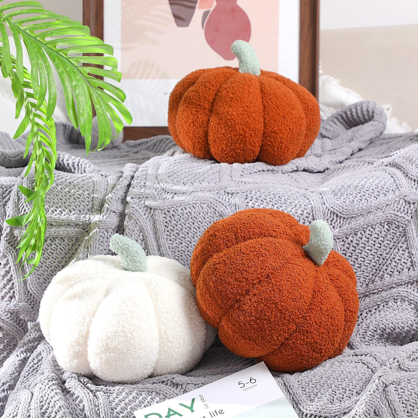 Kajaia 2 Pcs Simulated Pumpkin Plush Pillow 11 x 9.5 Inch 3D Cushion Fall Decorations Stuffed Throw Pillows Toy for Fall Halloween Thanksgiving Bedroom Sofa Couch Supplies (White,Brown)