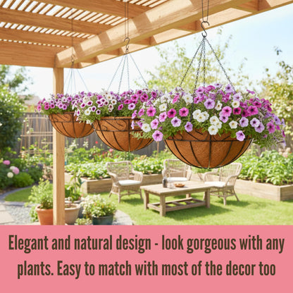 LaLaGreen Hanging Planter for Outdoor Plants (18 Inch, 2 Pack) Black Hanging Baskets with Coco Liner, Also Available in 8/12/14/16/18/20 Inch and Different Shapes Balcony Porch Farmhouse Country Decor