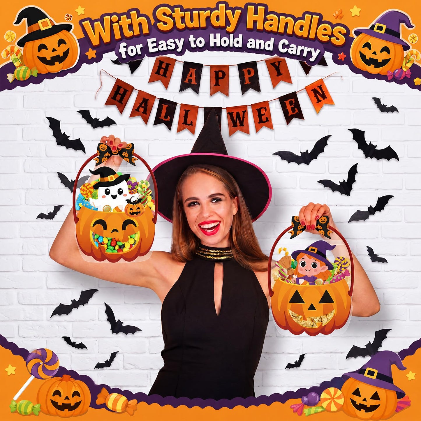 Fuutreo 50 Pcs Halloween Plastic Bags Clear Ghost Witch Pumpkin Sealed Gift Pouches with Handles Resealable Scary Holiday Favor Bags for Halloween Holiday Party Candy Gift Wrapping Supplies Decoration