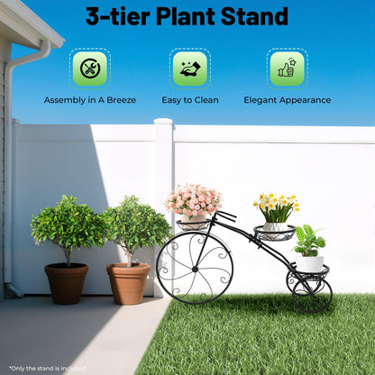 GQWQNIO Metal Bicycle Planter, 3 Tier Tricycle Flower Plant Stand with 3 Decorative Wheels, Garden Decor for Indoor Outdoor Patio Yard (Black)