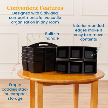 ECR4Kids 6-Compartment Large Plastic Caddy, Multipurpose Organization, Black, 6-Pack