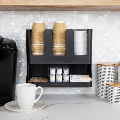 Mind Reader Condiment Station, 13 Inch Countertop Coffee Bar Organizer with 6 Compartments, Storage Caddy for Cups, Lids and Packets, Plastic, Black