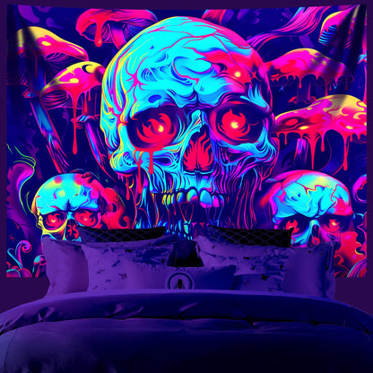 AOHMPT Blacklight Skeleton Tapestry - 79x59in UV Reactive Halloween Tapestry, Neon Melting Skulls Psychedelic Mushroom Wall Hanging, Trippy Glow in The Dark Aesthetic Room Decor for Bedroom