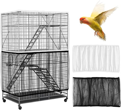 2Pcs Bird Cage Seed Catcher, Adjustable White Bird Cage Net Birdcage Cover Skirt Nylon Mesh Netting, Stretchy Birds Cages Guard for Parrot Parakeet Macaw African Any Cages Cover