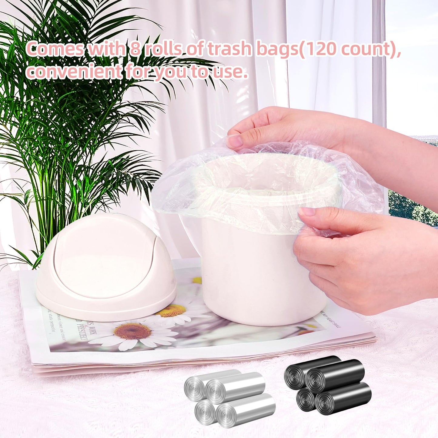 QLFJ-FurDec 4 Pcs Plastic Mini Trash Can with Swing Lid, Tiny Desktop Wastebasket Garbage Bin with 240 Trash Bags for Office, Kitchen, Vanity Tabletop, Bedroom, Bathroom