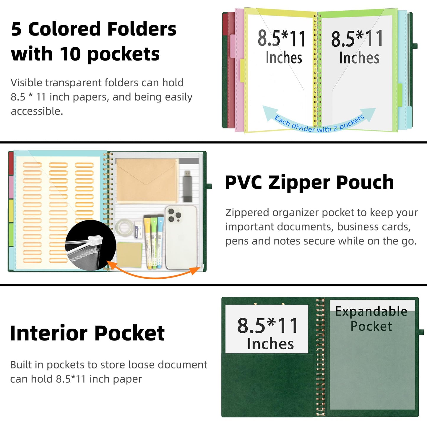 Ospelelf Leather Clipboard Folio with Notepad for Letter Size, Spiral Clipboard Folder with Storage Zipper Pouch, 5 Folders with 10 Pockets, 39 Divider Label Stickers, Pen Loop Series (Green)