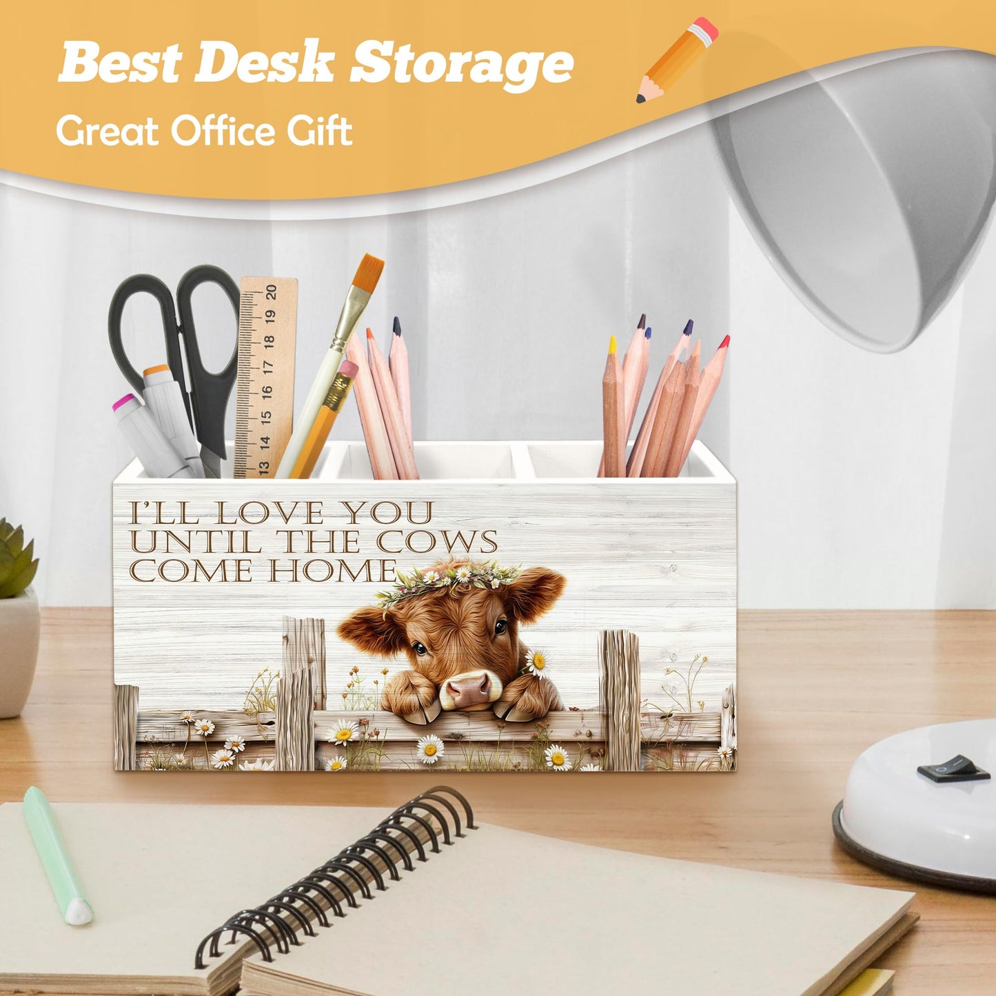 Yjeslw Highland Cow Pen Holder Organizer for Desk Accessories, I Will Love You Till the Cows Come Home Farmhouse Wooden Box Sign Desk Decorations for Home Bedroom Office Decor, Highland Cow Gifts