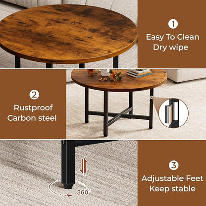 Coffee Table, 23.6" Small Coffee Tables, Rustic Brown Round Coffee Tables for Living Room, Floor Table for Sitting on The Floor, Center Coffee Table with Metal Frame Industrial Office Home