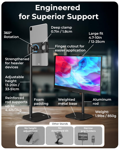 COOPER TabStand, 20" Tall iPad Stand for Desk, Portable Monitor Holder up to 17" Holds 4.4lb, Desktop Tablet Stand, Tablet Mount, Apple iPad Holder for Desk, for Samsung, Kindle, Fire (Night Black)