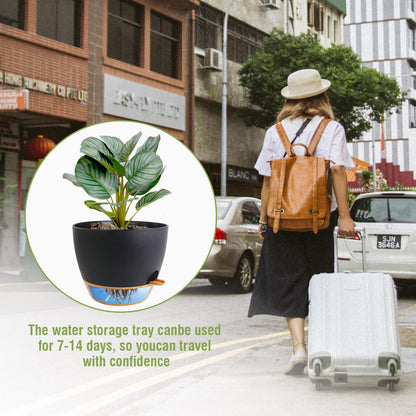WSMKSZ 8 inch Self Watering Pots, 2 Pack Plastic Planters with Mesh Drainage Holes for Garden Plants and Flower, Plants Pots with Deep Reservoir for Indoor Outdoor Plants, Black with Brown