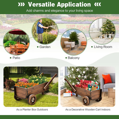 Giantex Wooden Wagon Planter Box, Decorative Wagon Cart with Wheels, Handles, Drainage Hole, Flower Planter Pot Stand, Rustic Flowerpot Planter, Indoor & Outdoor Garden Patio Balcony