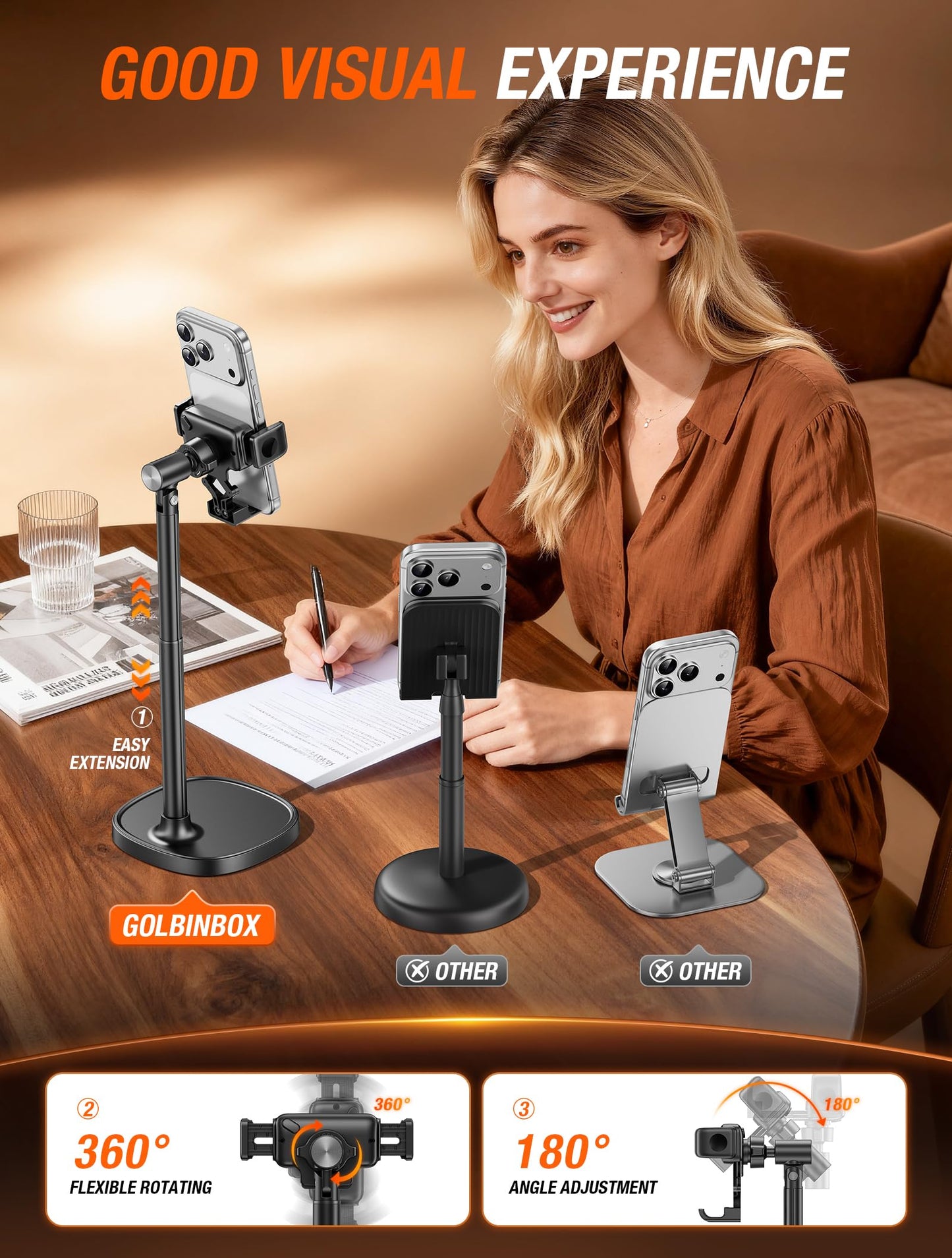 GolbinBox Phone Stand for Desk - Quick Release, Adjustable Height & Angle, 180° Flip & 360° Rotation, Universal Desktop Holder for iPhone, Samsung, Android