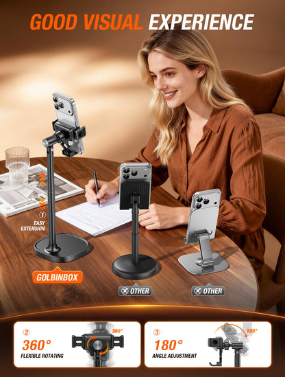 GolbinBox Phone Stand for Desk - Quick Release, Adjustable Height & Angle, 180° Flip & 360° Rotation, Universal Desktop Holder for iPhone, Samsung, Android