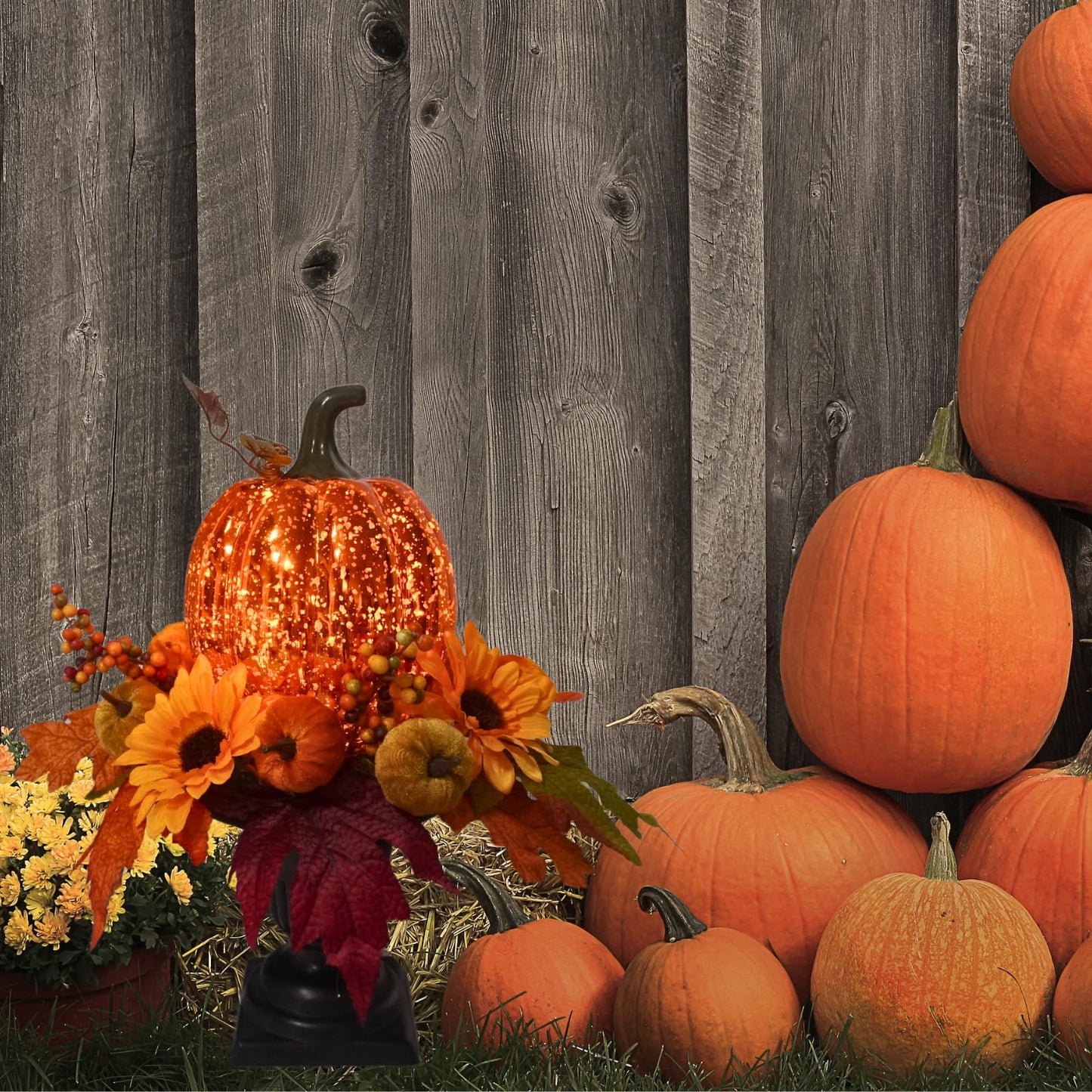 Svndlyn 15 Inch Lighted Pumpkin Fall Table Decoration Indoor Outdoor Table Centerpieces,Artificial Pumpkin with Maple Leaves Berries and LED Lights for Fall Table Centerpieces Thanksgiving Decor
