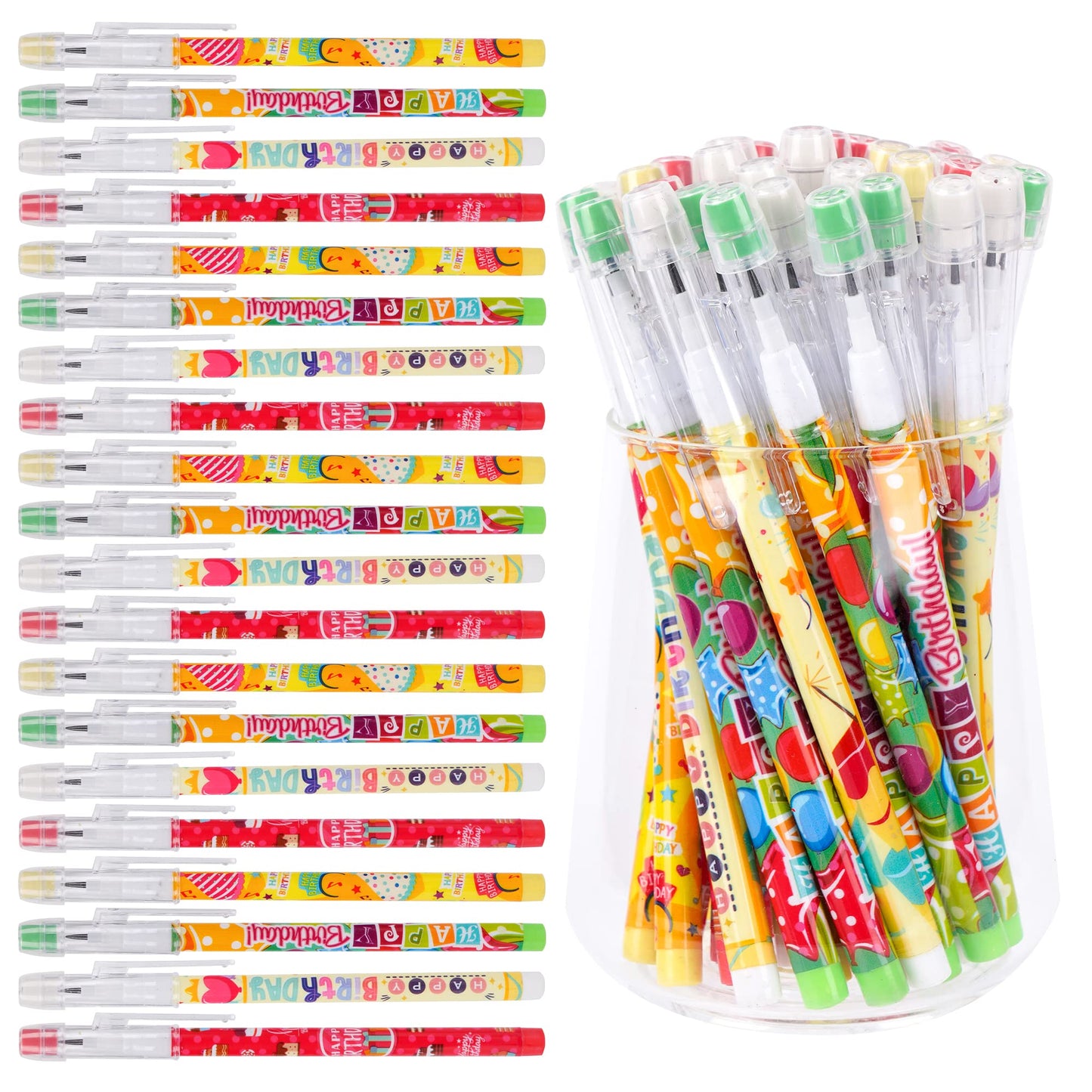 Kolewo4ever 48pcs HB Birthday Pencils Kawaii Cute Multipoint Pencil Push Translucent Non Sharpening Stackable Pencils Pop Up Plastic Pencil for Classroom Rewards Carnival Prizes