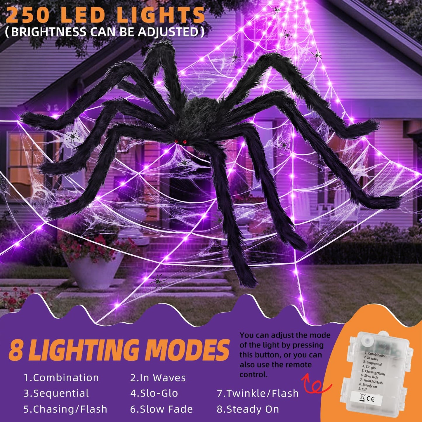 Kendane Halloween Decorations Outdoor and Indoor,250 LED Halloween Spider Web Light Decorations with 59" Giant Spider & 20g Stretch Cobweb,200" Large Light Up Spider Web for Yard(Purple)