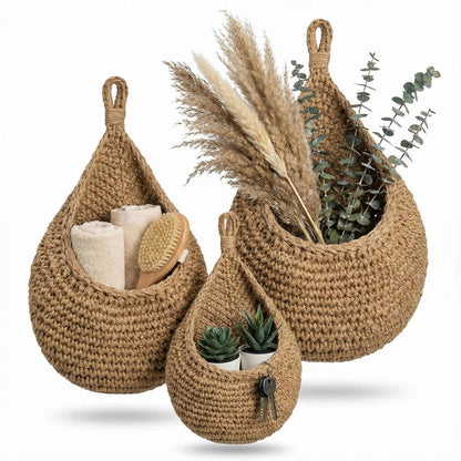 3 Pack Hanging Fruit Basket - Boho Kitchen Wall Decor for Vegetable Onion Potato Storage, Woven Teardrop Organizer - Cotton Rope