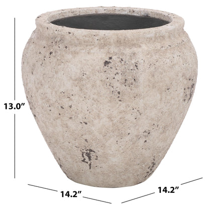 SAFAVIEH Outdoor - Ramsey Planter Pot with Drainage - Antique White Ficonstone Cement - Weather Resistant - Ideal for Patio, Garden, Backyard, 14.2" W x 14.2" D x 13" H (PAT1553B)