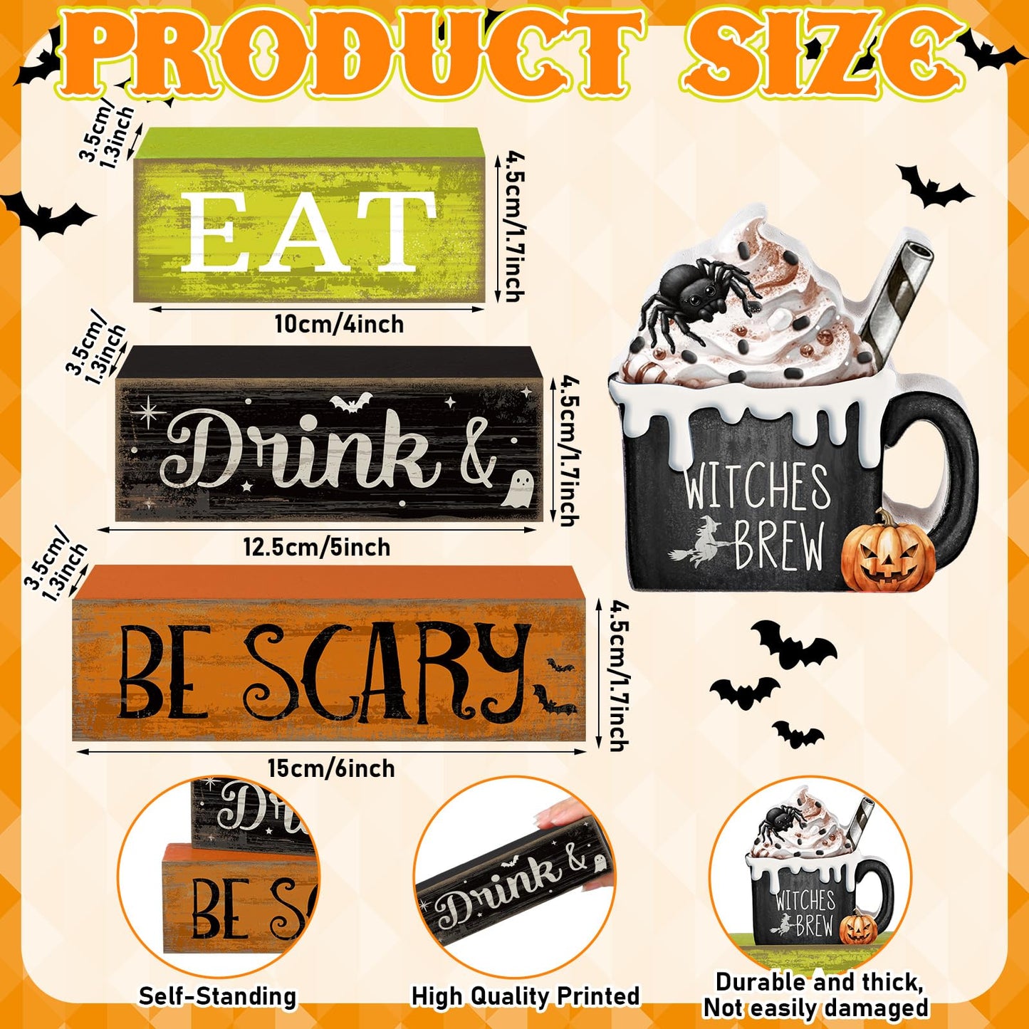 Lineshading 4 Pcs Halloween Table Decor - "Eat Drink & Be Scary" Witch Brew Themed Stackable Block Signs, Rustic Farmhouse Halloween Table Centerpieces for Home Kitchen Dining Coffee Bar