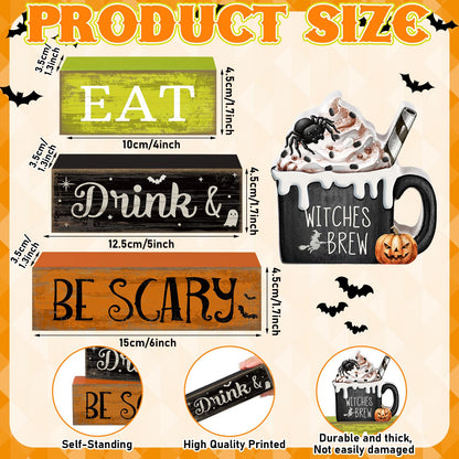 Lineshading 4 Pcs Halloween Table Decor - "Eat Drink & Be Scary" Witch Brew Themed Stackable Block Signs, Rustic Farmhouse Halloween Table Centerpieces for Home Kitchen Dining Coffee Bar