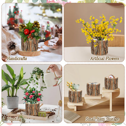 AIHSUMC 3 Pcs Wooden Vase for Centerpieces, 3.9 in Bark Vase Rustic Wooden Bark Flower Pots Country Style Stump Bucket Planter for Woodland Party Wedding Window Home Farmhouse Table Decor