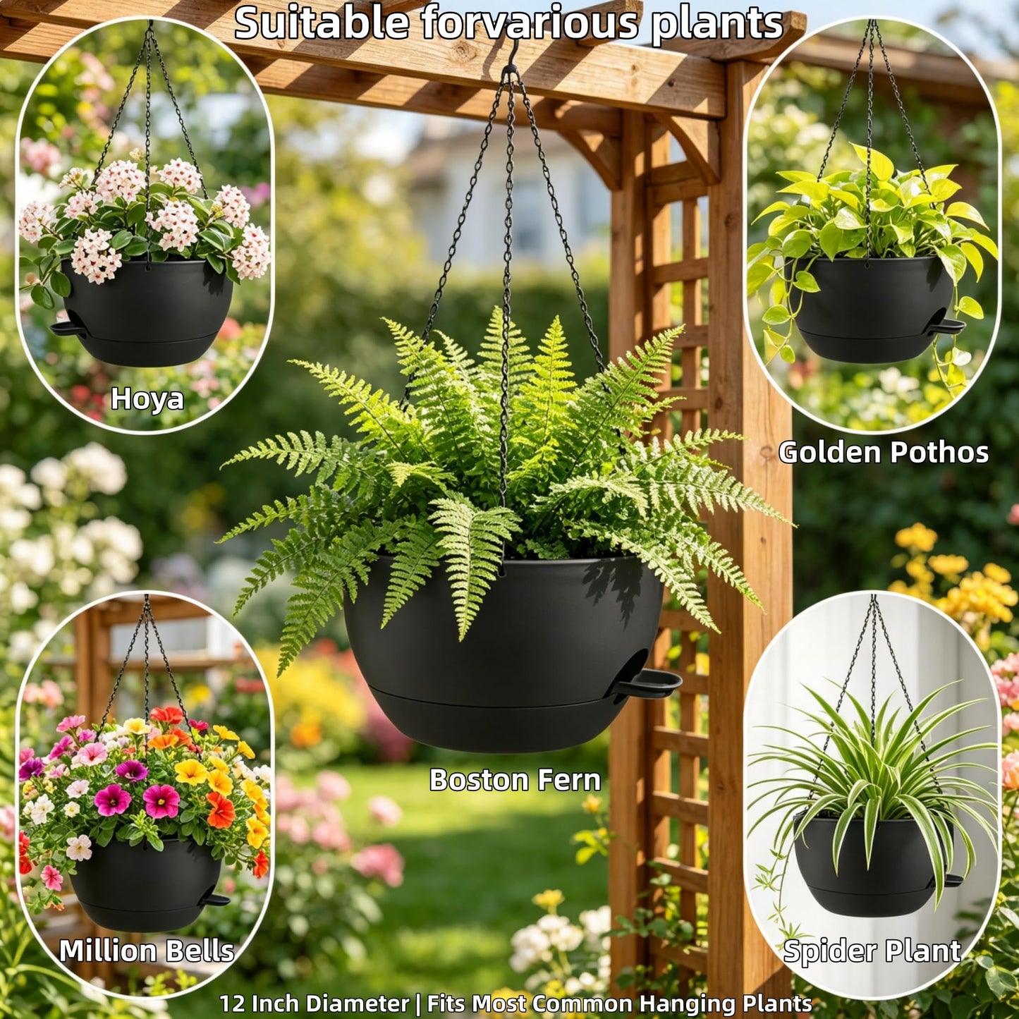 zople 2 Pack 12 Inch Self Watering Hanging Planters for Indoor Plants, Large Black Plastic Hanging Pots with Chains for Outdoor Patio Garden Home Decor Black