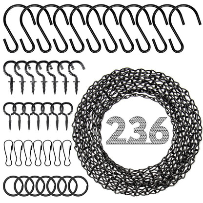 Tsocent Metal Hanging Chain, 236 Inch Black Chains for Plants, 12×S Hooks, 12×Buckles, 12×Rings, 24×Screw Hooks for Bird Feeder, Planter, Wind Chimes (Black)