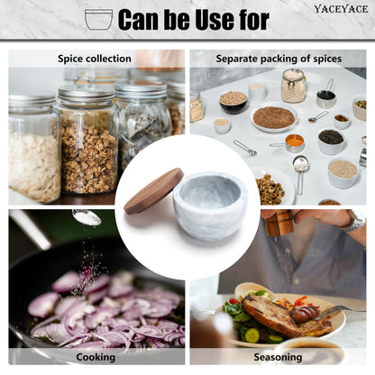 YACEYACE White Modern Marble Salt Bowl, 4oz Small Salt Cellar with Acacia Wood Lid, Elegant White Salt Spice Seasoning Bowl, Container Jar Holder