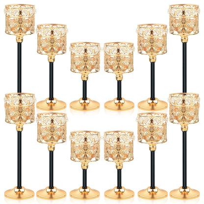 Kehail Set of 12 Floral-Carved Crystal & Metal Tealight Candelabras Bulk- Elegant Gold & Black Wedding Centerpiece, Dining Table Decor, Votive Candle Holders