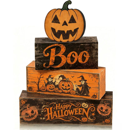 4 Pcs Halloween Decorations Scary Pumpkin Wooden Signs Farmhouse Rustic Tiered Tray Decor Boo Happy Halloween Tabletop Centerpiece for Home Kitchen Shelf Mantel
