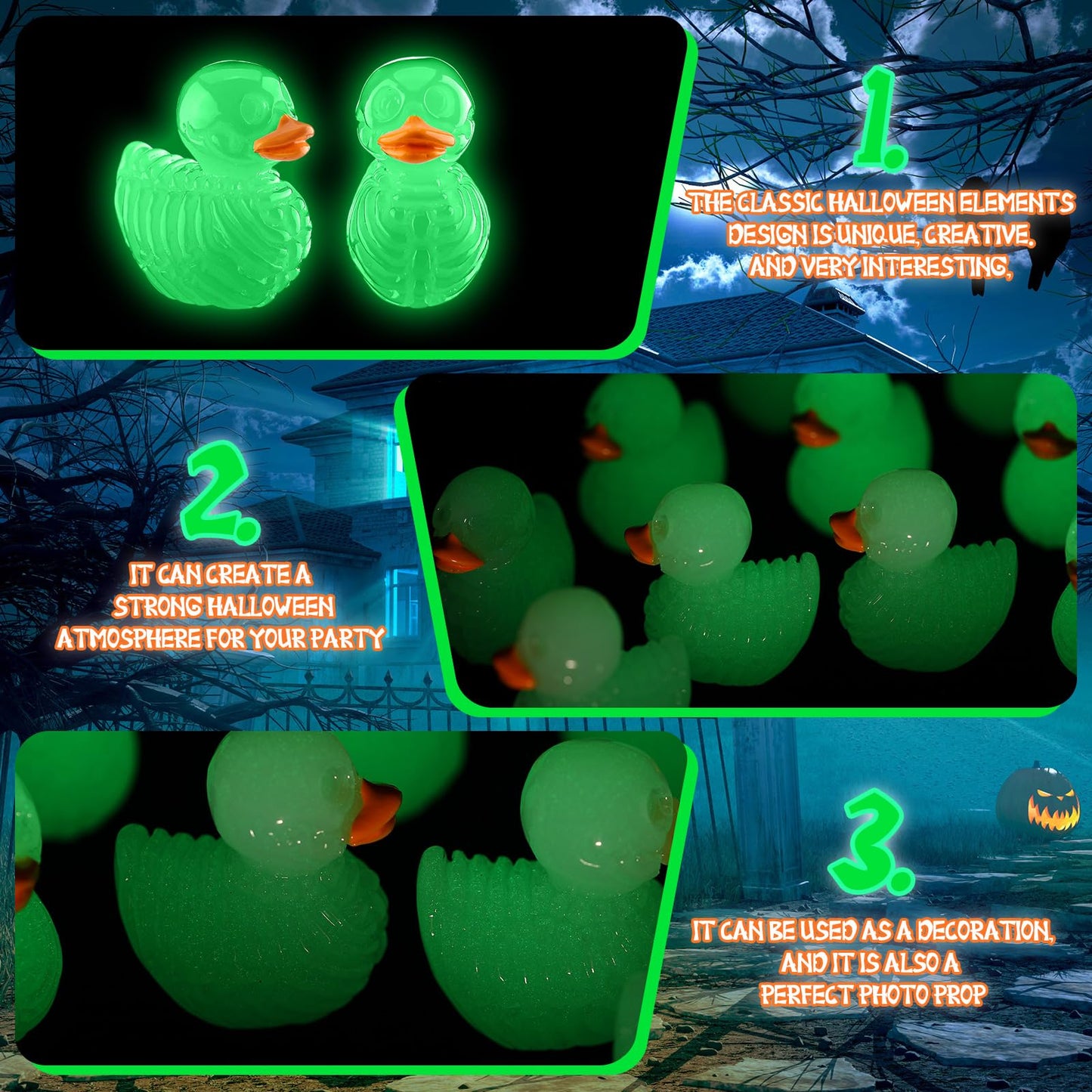 Quzzil 80 Pcs Summer Halloween Mini Cruise Duck Luminous Resin Spooky Tiny Skeleton Duck Figurines Glow in The Dark Decor for Party Favor Prank Game Dollhouse Aquarium Potted Miniature Landscape DIY
