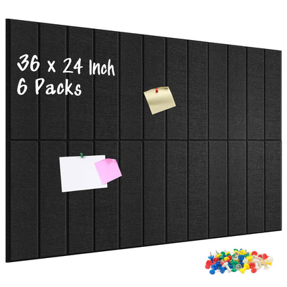 DOLLAR BOSS Felt Cork Board Tiles, 6 Packs 12" x 12" 1/2" Thick Bulletin Board Adhesive Acoustic Panels Soundproof Corkboards for Walls with 60 Pushpins for Home Office Kitchen School, Black Stripe