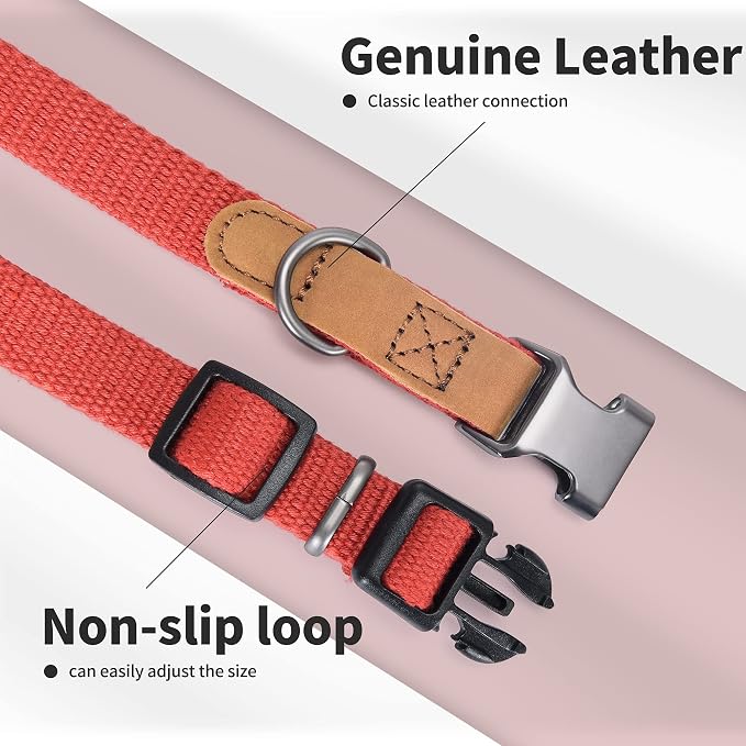 Mile High Life Genuine Leather Dog Collar, Soft Cotton Pet Collars with Heavy Metal Buckle for Small Large Dogs (Red, L Neck 17"-21")