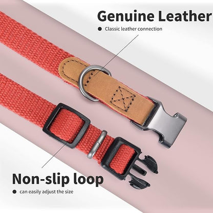 Mile High Life Genuine Leather Dog Collar, Soft Cotton Pet Collars with Heavy Metal Buckle for Small Large Dogs (Red, S Neck 11"-15")