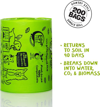 Planet Poop Compostable Dog Poop Bags for Small Pets, Large Single Roll 200 Mini Size Grab & Go, Biodegradable Un-Scented Dog Waste Bags with Handles, Leakproof Doggy Cat Bag, Plant Based Pet Supplies