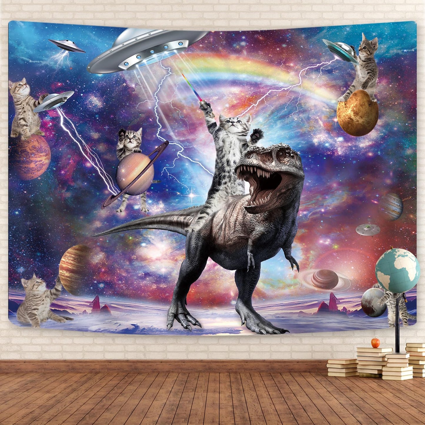 Funny Cat Tapestry, Cool Cat Riding Dinosaur on Fantasy Universe Galaxy Space UFO Tapestries for Boys Kids, Hilarious Animals Anime Cool Tapestry Wall Hanging 60X40 Inches for Bedroom Living Room Dorm Room