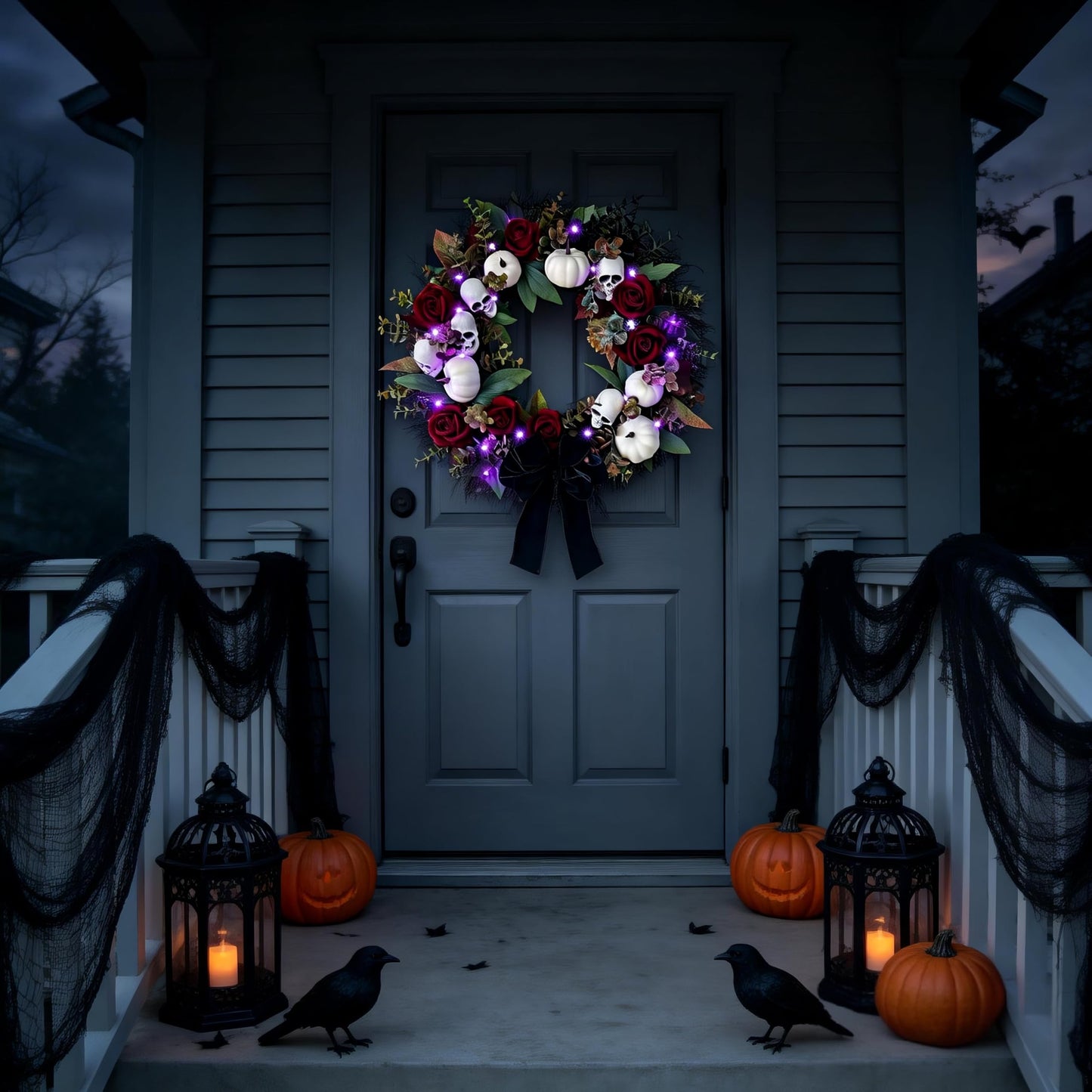 HipTree 20 Inch Light Up Halloween Wreath for Front Door with Skulls Roses Pumpkins, Gothic Black Wreath with Purple LED Lights, Battery Operated Timer Spooky Fall Wreath for Indoor Outdoor Porch