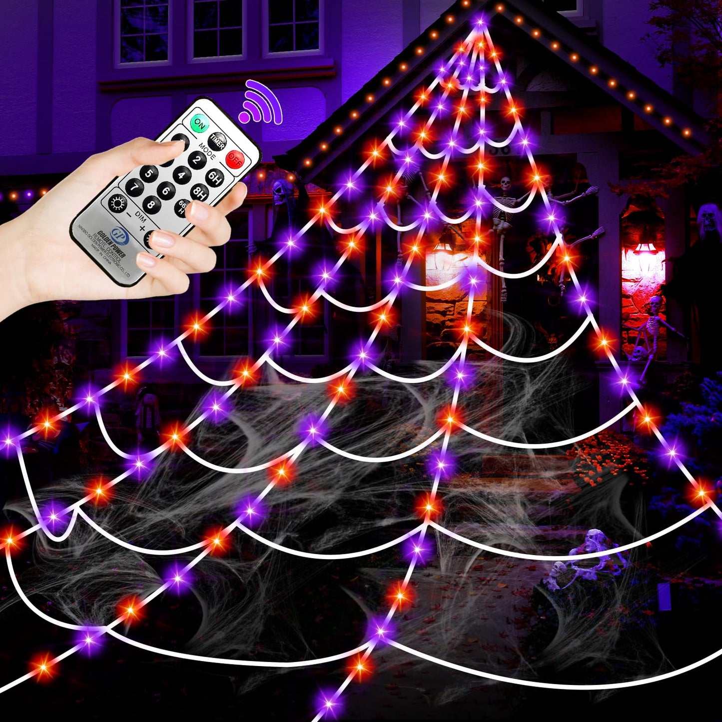Halloween Decorations Outdoor, 250 LED Halloween Giant Spider Web Lights, 200" Lighted Spiderweb Light up with 8 Modes for Yard Haunted House Decor, Remote Control Without Spider Purple Orange
