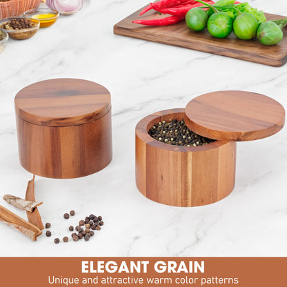 Demigo Acacia Salt Cellar 9 Ounces Capacity, Wood Salt Box With Swivel Cover, Spice Keeper, Wood Jar For Kitchen, Perfect For Keeping Table Salt, Gourmet Salts, Herbs or Favorite Seasonings