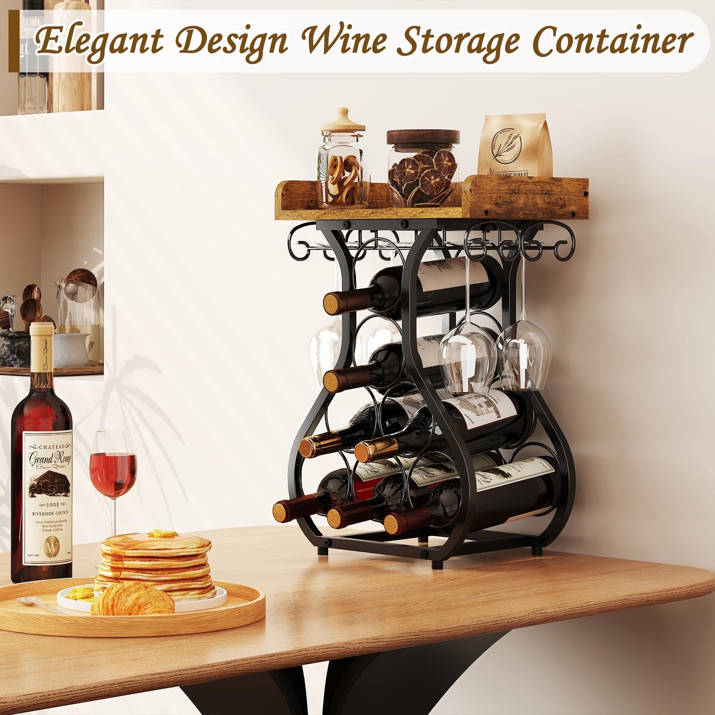 X-cosrack Wine Racks Countertop, Small Wine Rack with Wine Glass Holder, Mini Countertop Wine Rack with Tabletop Wine Storage Cabinet Shelf for Kitchen Pantry Home Bar