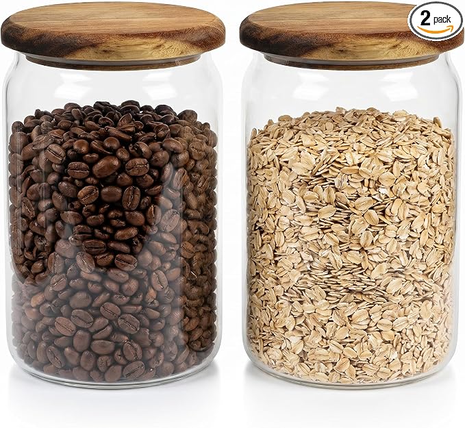 2-Pack 67 fl oz Large Wide Mouth Mason Jars with Spoon & Labels, Acacia Wood Lids & Press Seal, No Plastic, for Coffee Beans, Ground Coffee, Spice & Dry Food Storage, Pantry Organization.
