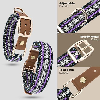 Tirevt Hand-Woven Dog Collar and Leash Set:Color-Block Design, Premium Reinforced Buckle, Adjustable Artisan Paracord for Puppies, Small, Medium & Large Dogs (Purple, S)