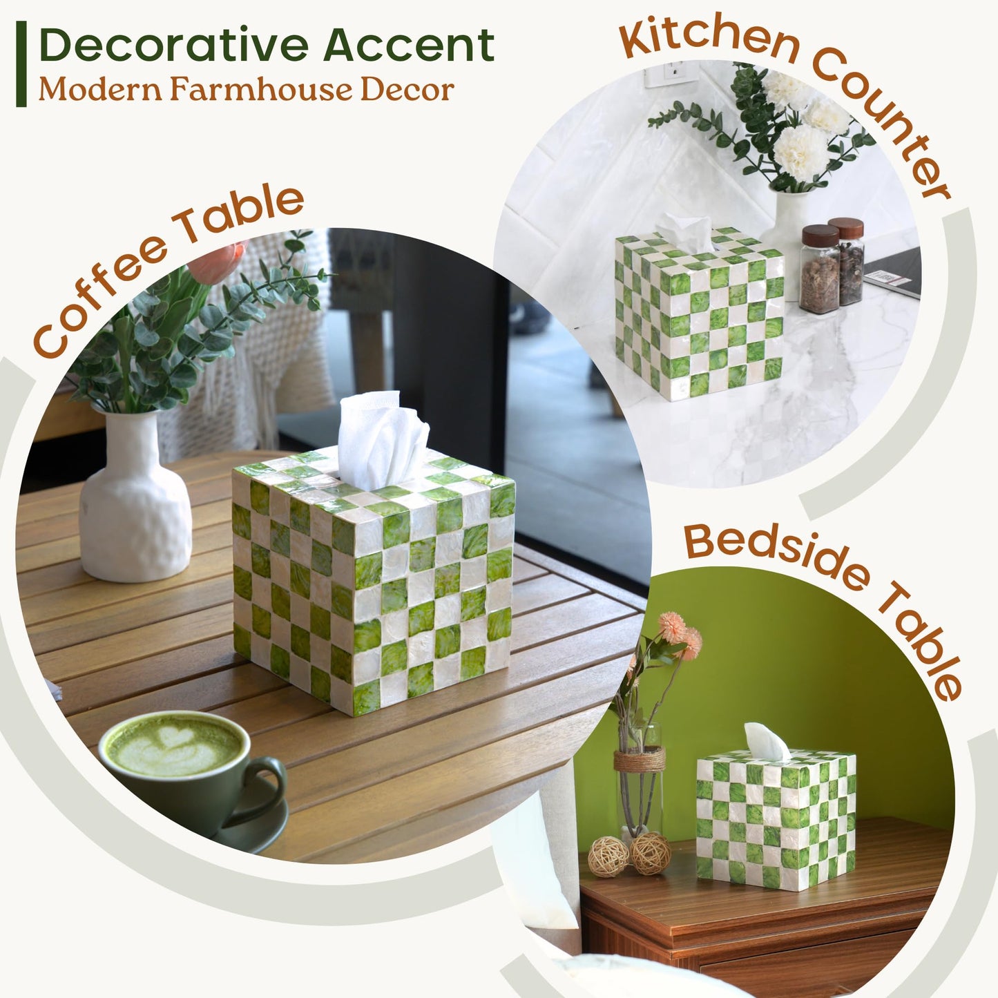 CHI AN HOME 5.7" Square Tissue Box Cover, Handmade Checkered Cube Tissue Box Cover with Capiz Shells, Decorative Tissue Holder for Living Room, Bathroom, Bedroom or Office (Pistachio Green)