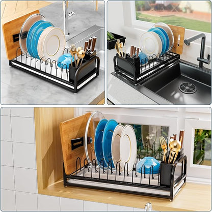 Black Dish Drying Rack Small for Kitchen Counter, 304 Stainless Steel Dish Rack w Tray & Cutlery Holder, Narrow Dish Drainer for Pots & Pans, Cutting Boards, Plates & Lids