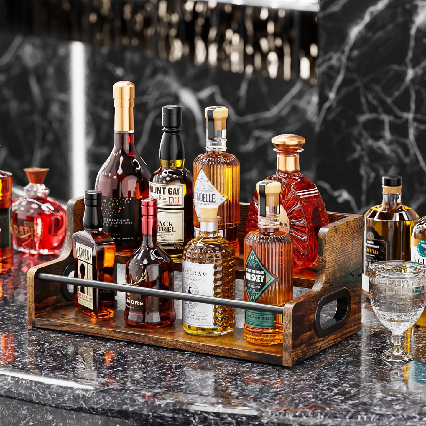 KLM Liquor Bottle Display Shelf, Coffee Syrup Rack Organizer, 2 Step Countertop Liquor Wine Rack, mini bar,Liquor Cabinet, Home Retro Bar Shelf Stand for Liquor Whiskey, Spirits, Brown