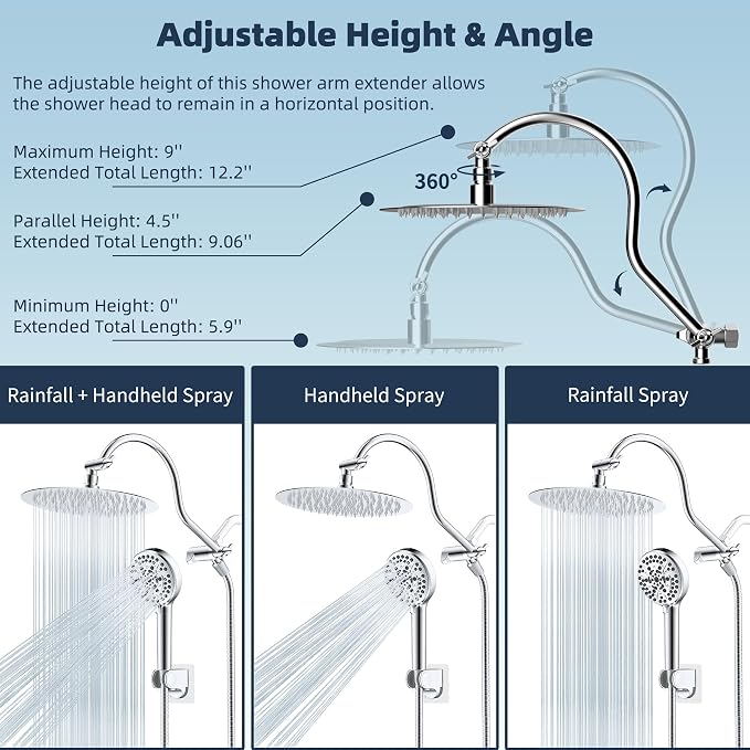 Hibbent All Metal CUPC Certified Shower Head, 10'' High Pressure Rainfall Shower Head, Handheld Showerhead Combo with 12'' Adjustable Extension Arm, 10-Spray, 71'' Shower Hose, Shower Holder, Chrome